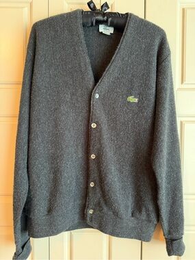 Lacoste Men's Dark Gray V-Neck Button Cardigan with Green Crocodile Logo